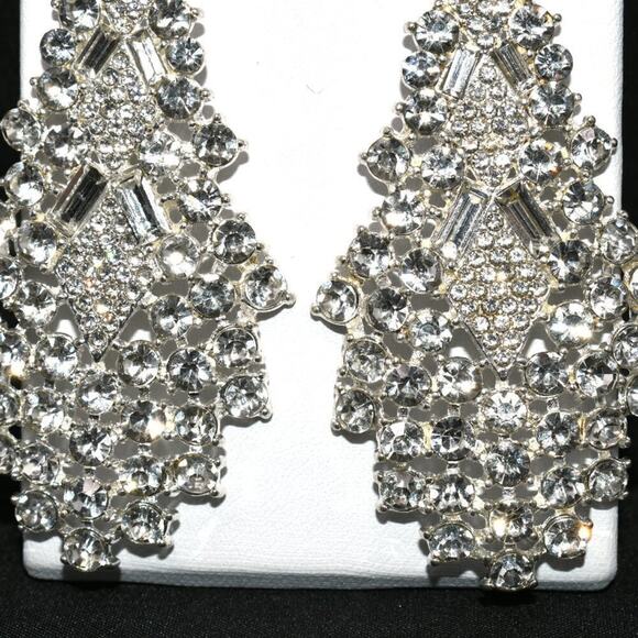 Vintage Long Rhinestone Wedding Earrings, Formal Bling 3 1/2 Inch Posts, 1990s - Picture 12 of 12